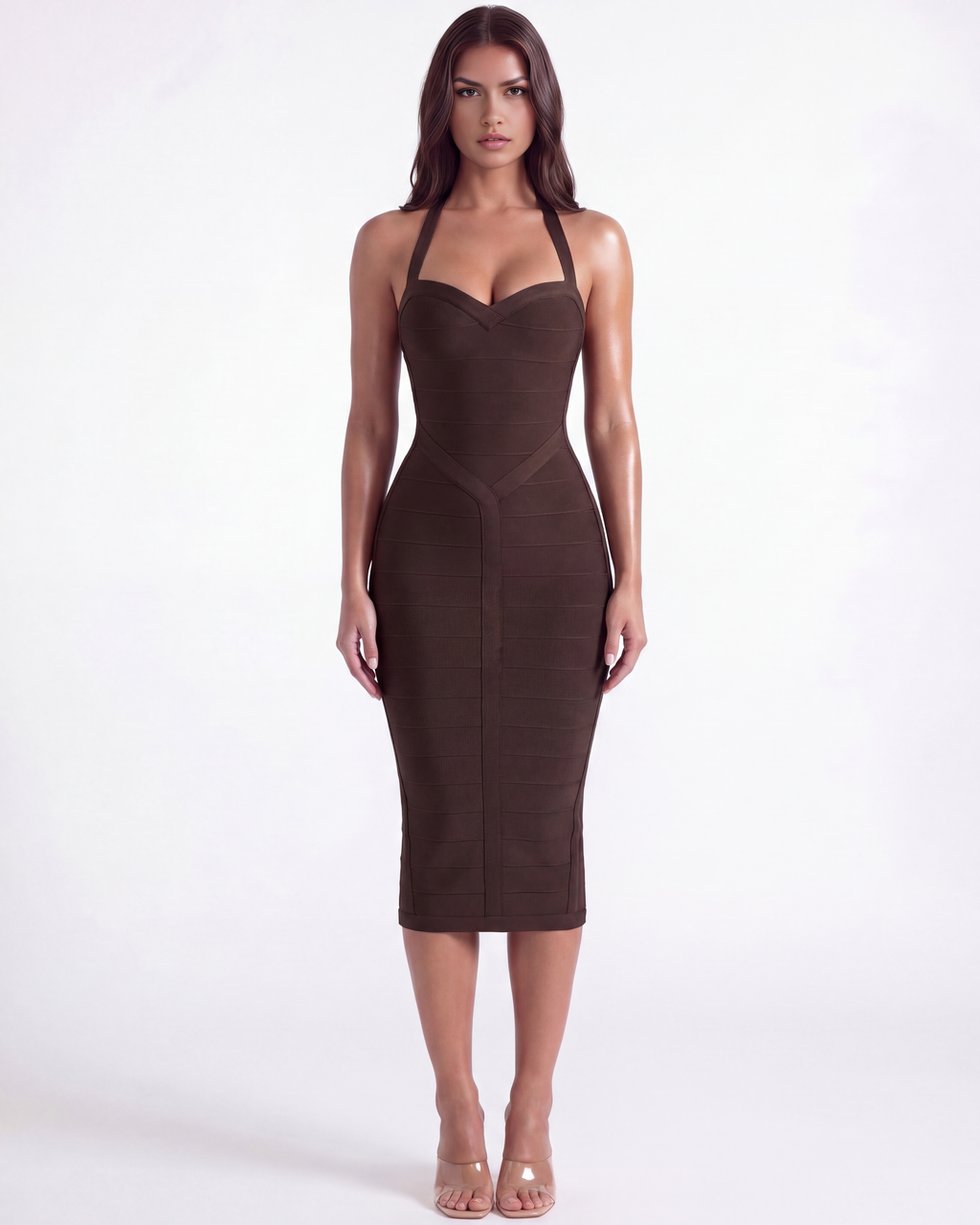 ALEJANDRA - VESTIDO MIDI MARRÓN CON SILUETA DE RELOJ DE ARENA