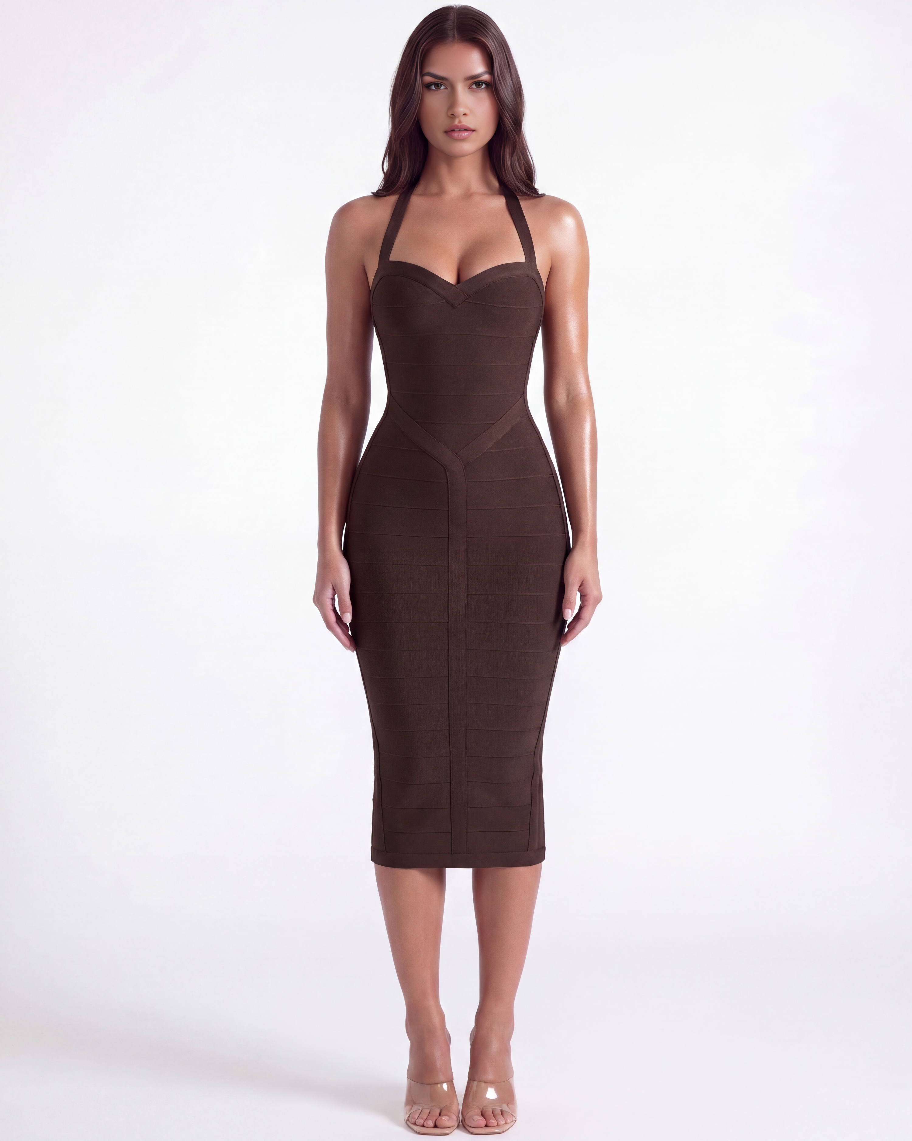 ALEJANDRA - VESTIDO MIDI MARRÓN CON SILUETA DE RELOJ DE ARENA