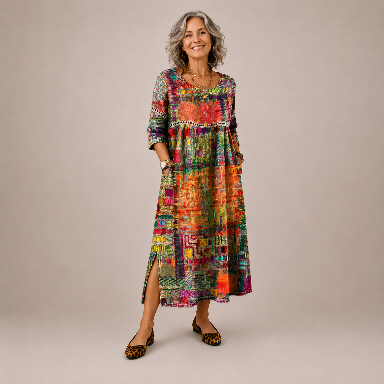 Manuela | Vestido Denim con Patchwork Étnico