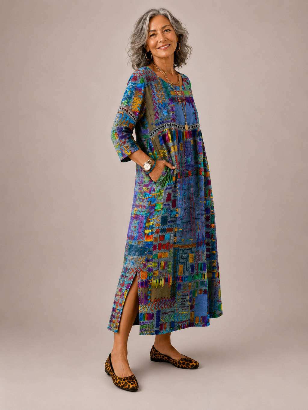 Manuela | Vestido Denim con Patchwork Étnico