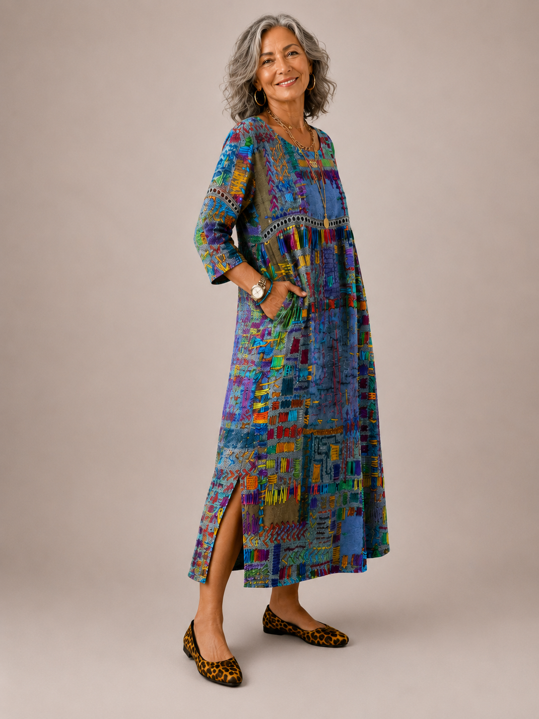 Manuela | Vestido Denim con Patchwork Étnico