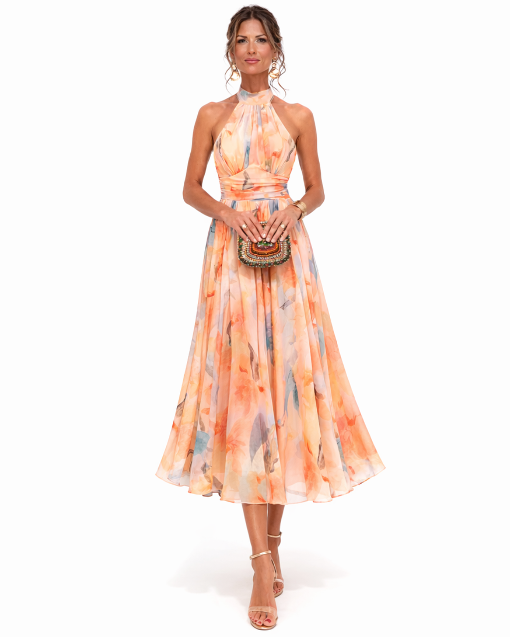 Aurora | Vestido con Cuello Halter y Estampado Acuarela