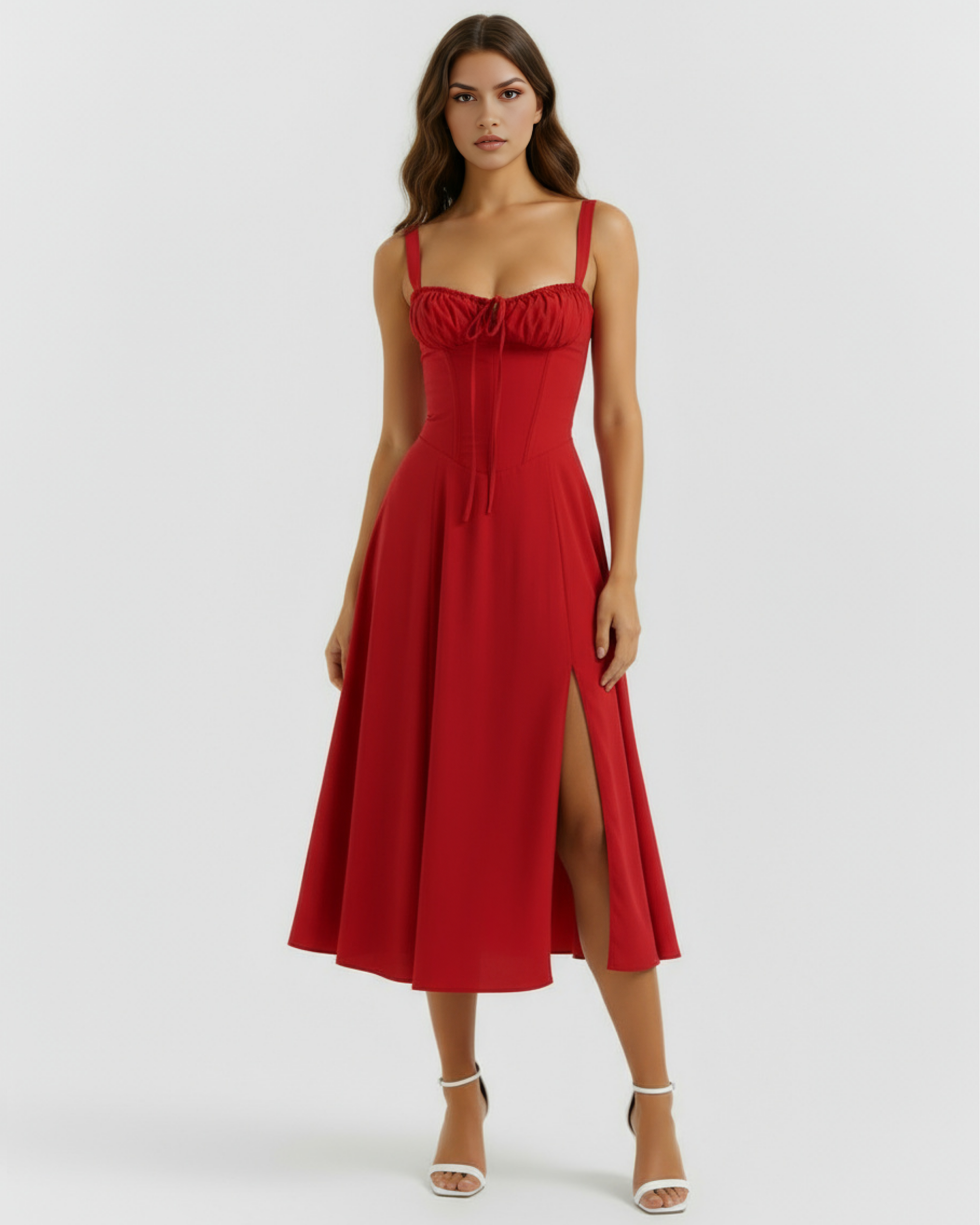 AMAPOLA - VESTIDO MIDI ROJO CON CORSÉ Y ABERTURA LATERAL