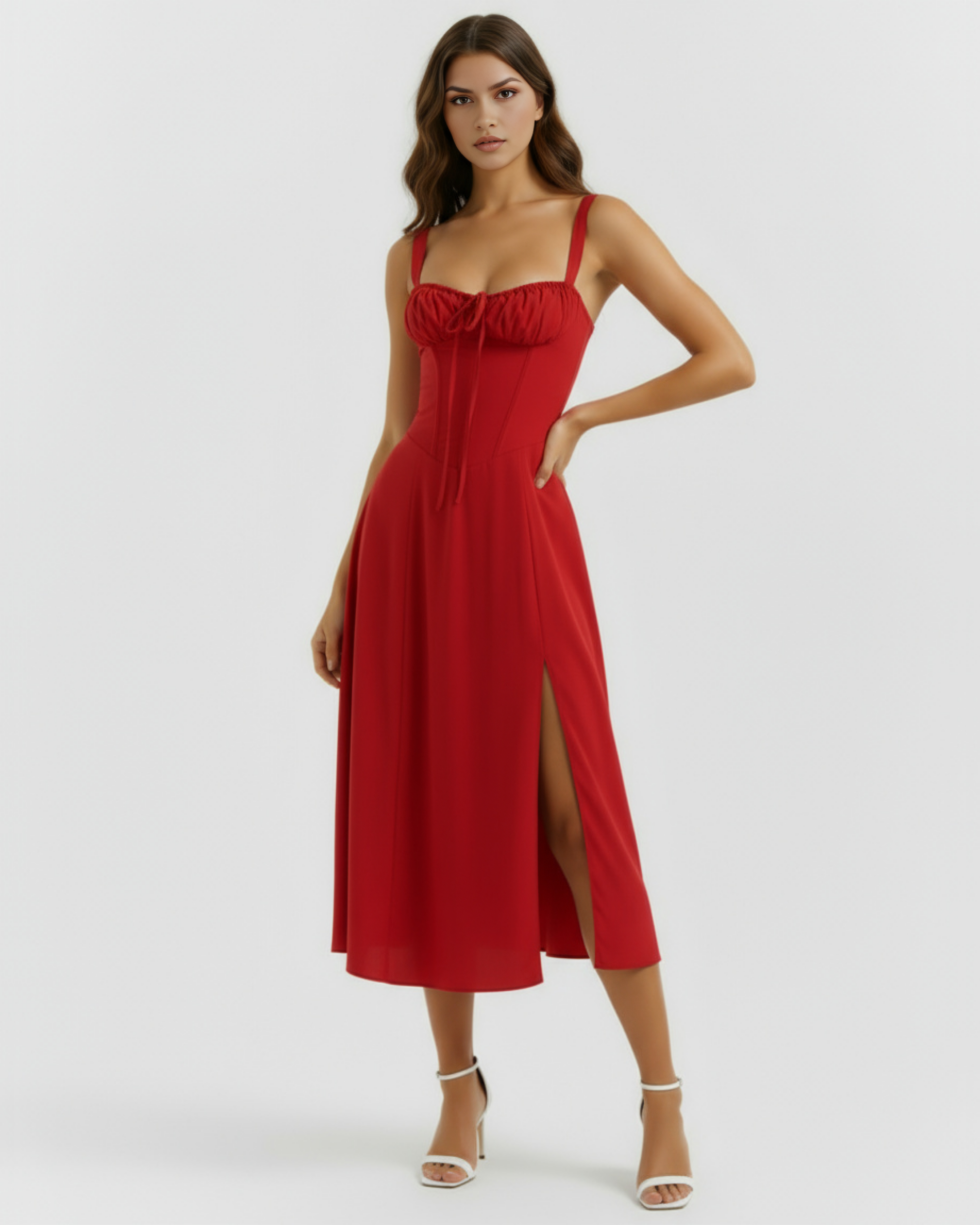 AMAPOLA - VESTIDO MIDI ROJO CON CORSÉ Y ABERTURA LATERAL