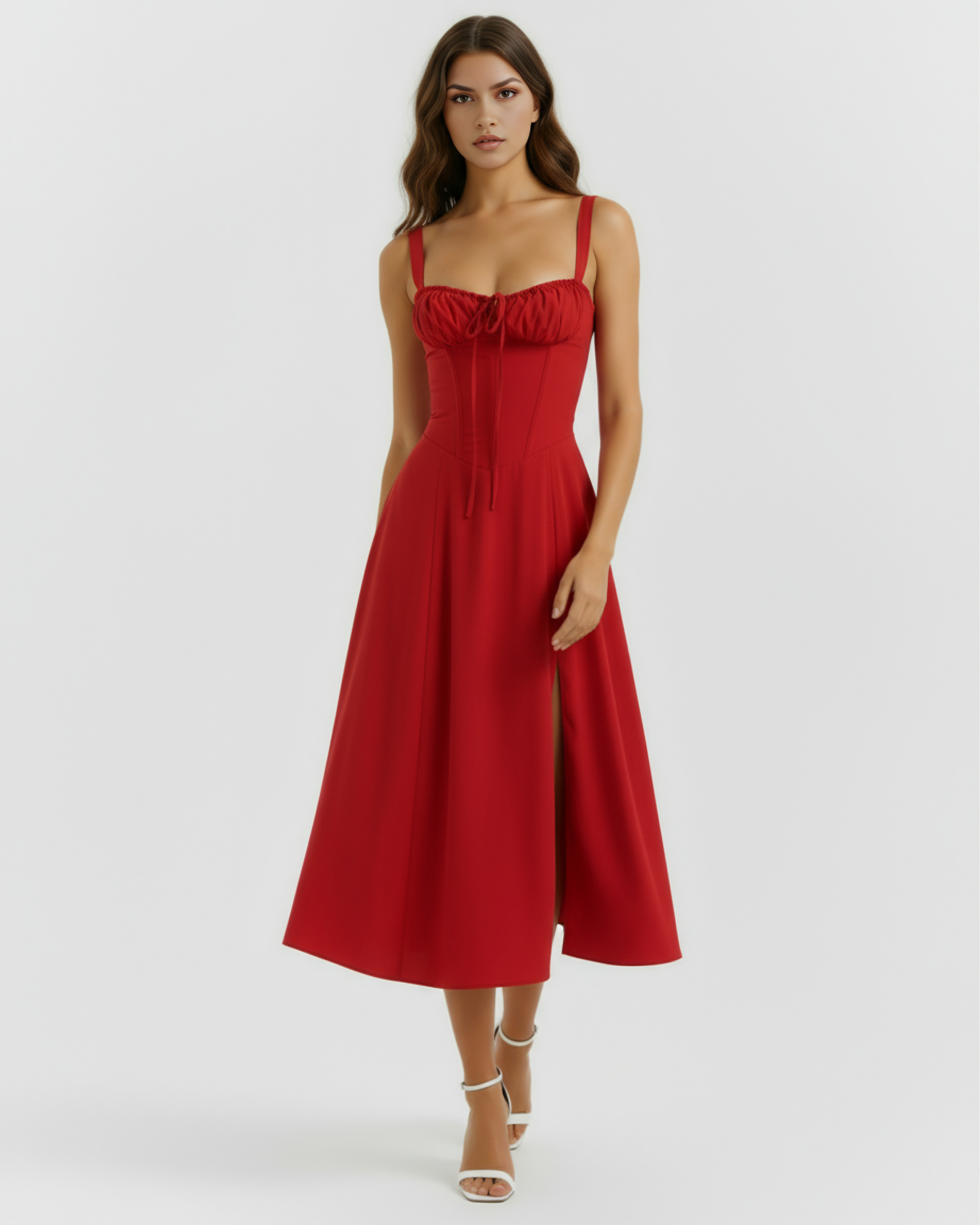AMAPOLA - VESTIDO MIDI ROJO CON CORSÉ Y ABERTURA LATERAL