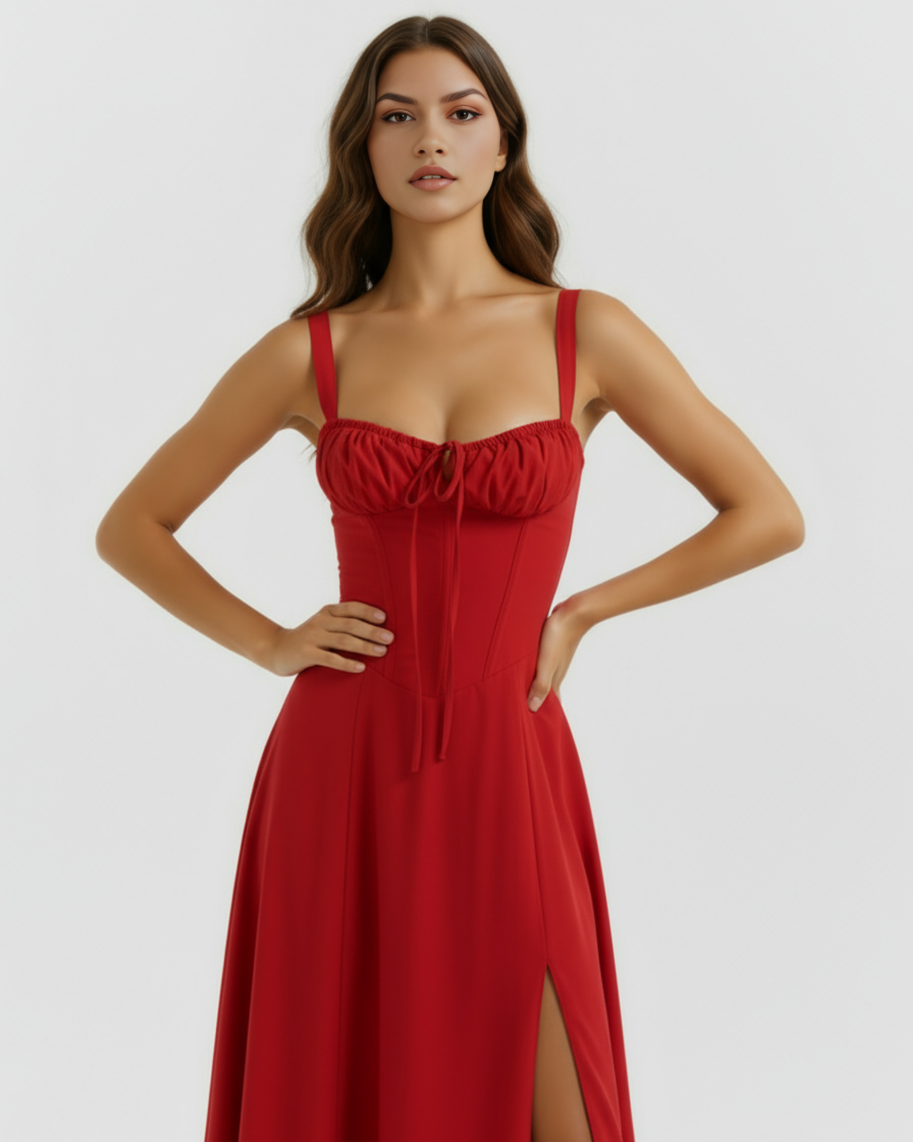 AMAPOLA - VESTIDO MIDI ROJO CON CORSÉ Y ABERTURA LATERAL
