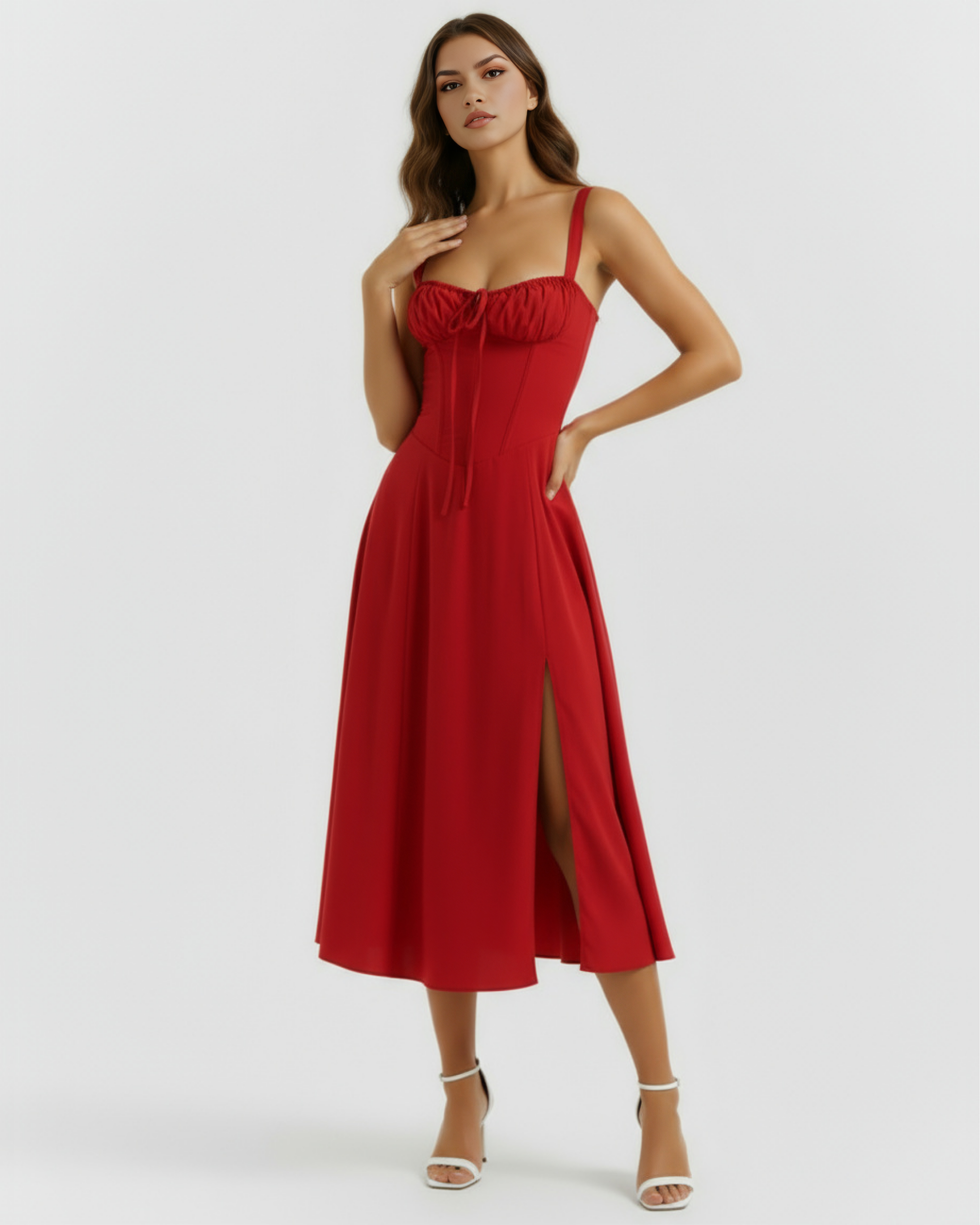 AMAPOLA - VESTIDO MIDI ROJO CON CORSÉ Y ABERTURA LATERAL