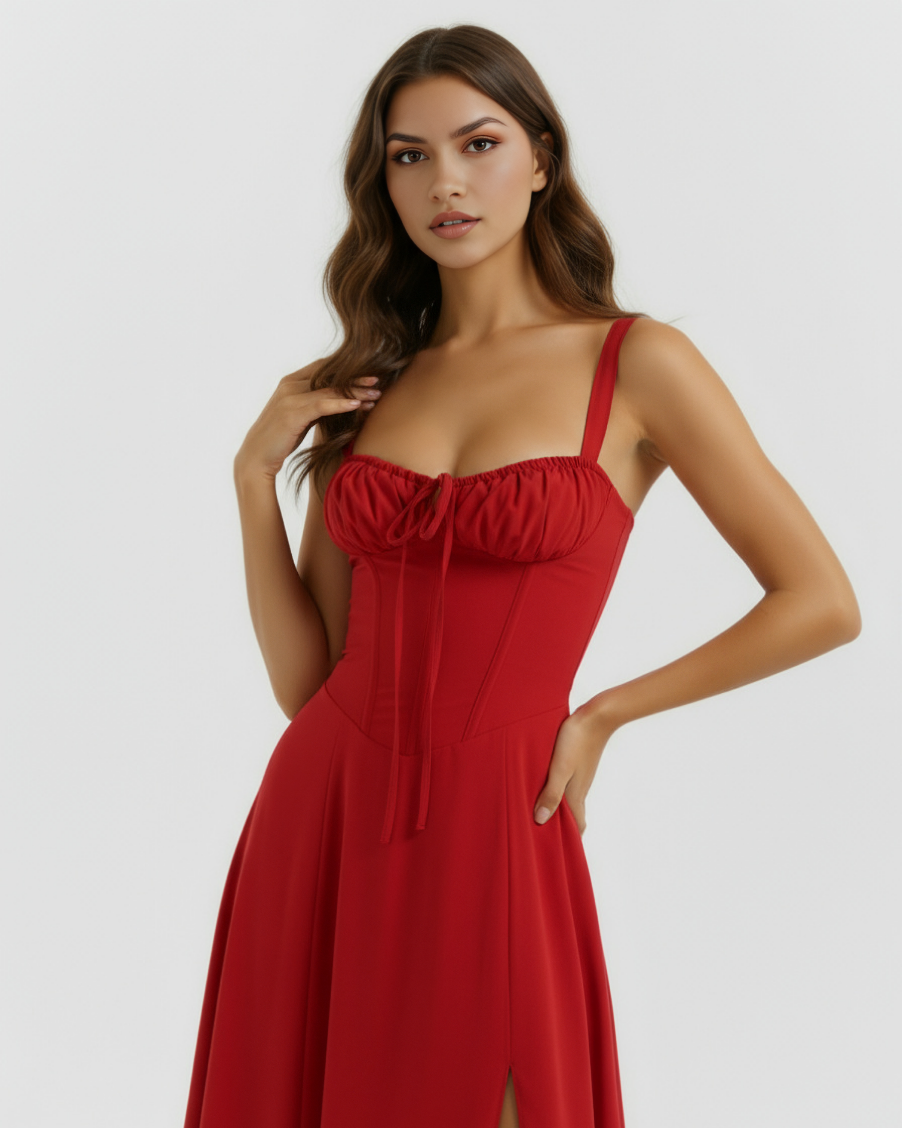 AMAPOLA - VESTIDO MIDI ROJO CON CORSÉ Y ABERTURA LATERAL