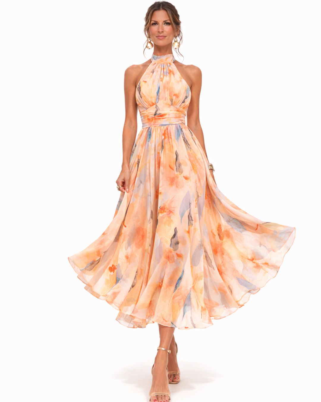 Aurora | Vestido con Cuello Halter y Estampado Acuarela