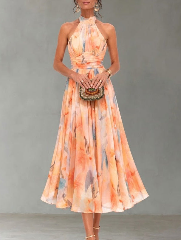 AURORA - VESTIDO CON ESCOTE HALTER Y ESTAMPADO ACUARELA