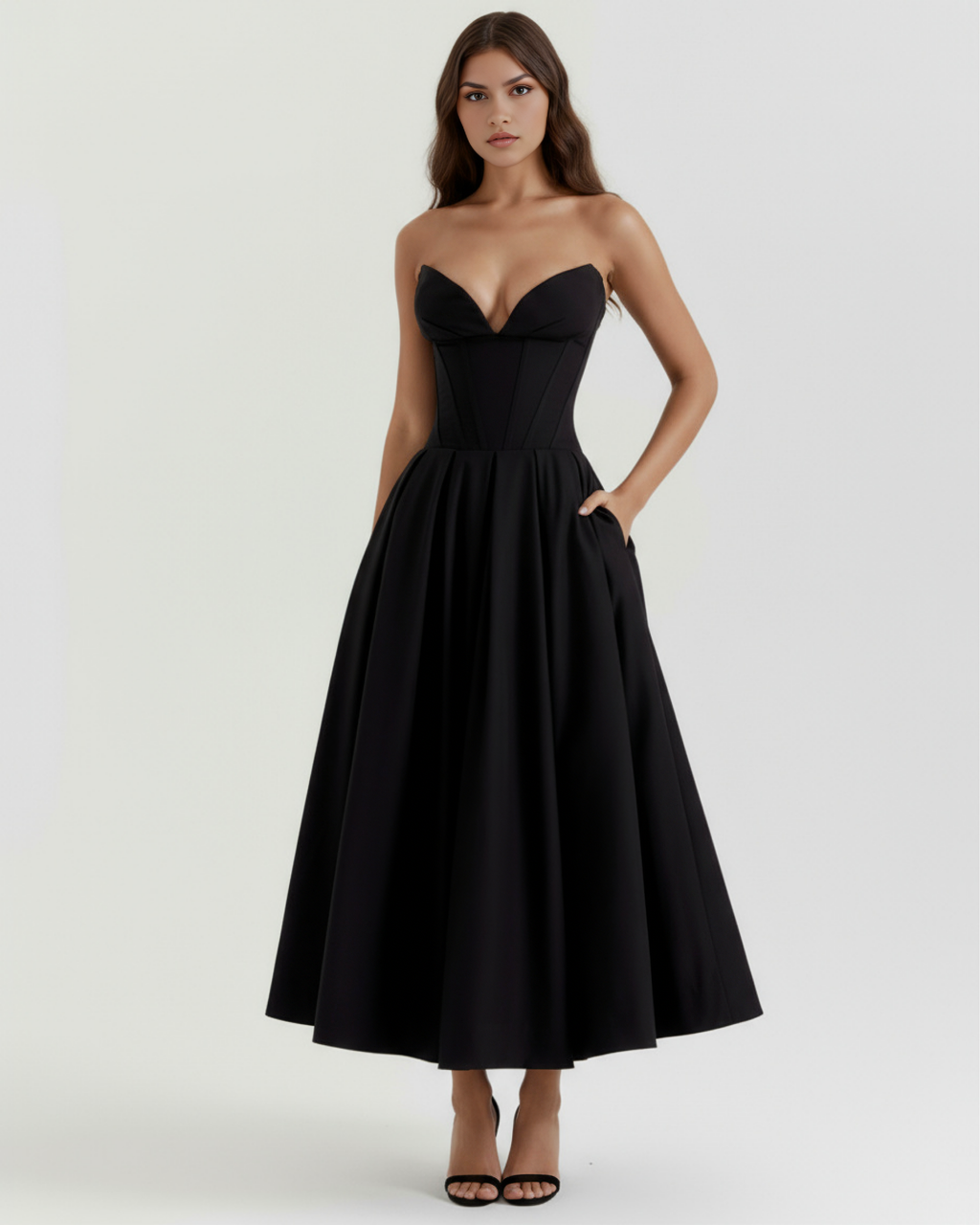 ANDREA - VESTIDO MIDI NEGRO CON CORSÉ Y BOLSILLOS