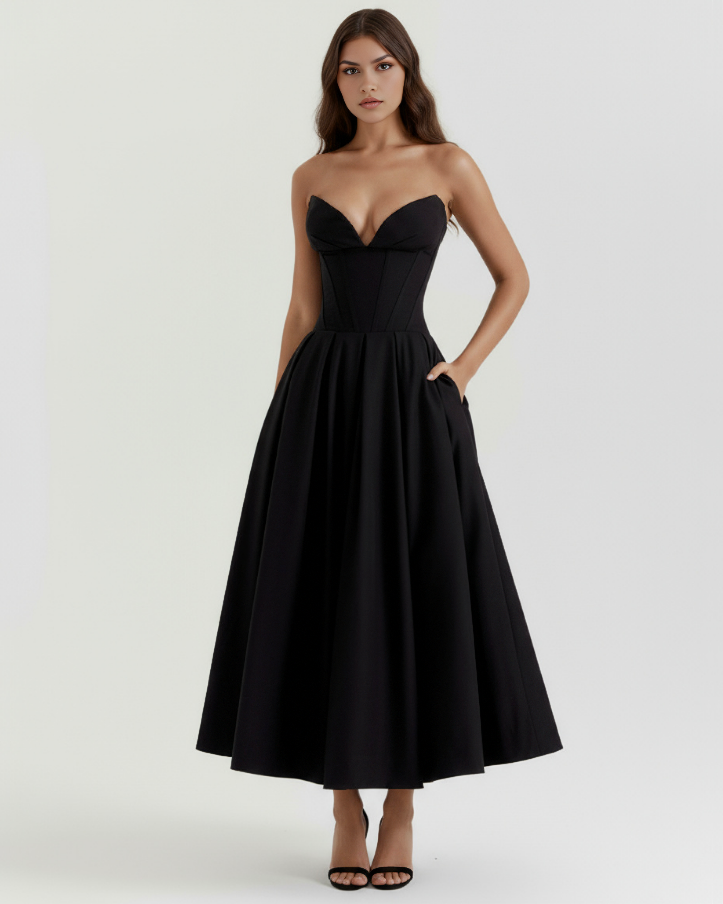 ANDREA - VESTIDO MIDI NEGRO CON CORSÉ Y BOLSILLOS