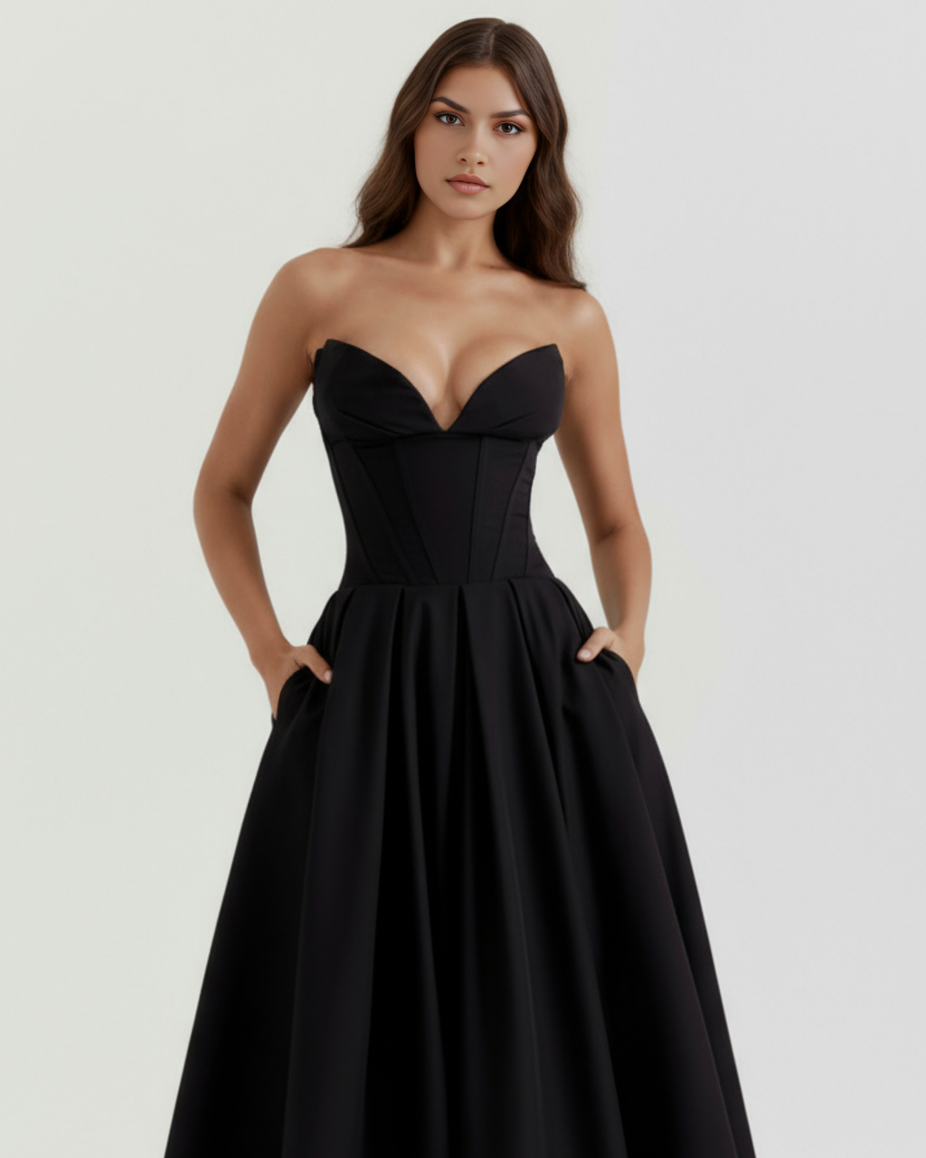 ANDREA - VESTIDO MIDI NEGRO CON CORSÉ Y BOLSILLOS