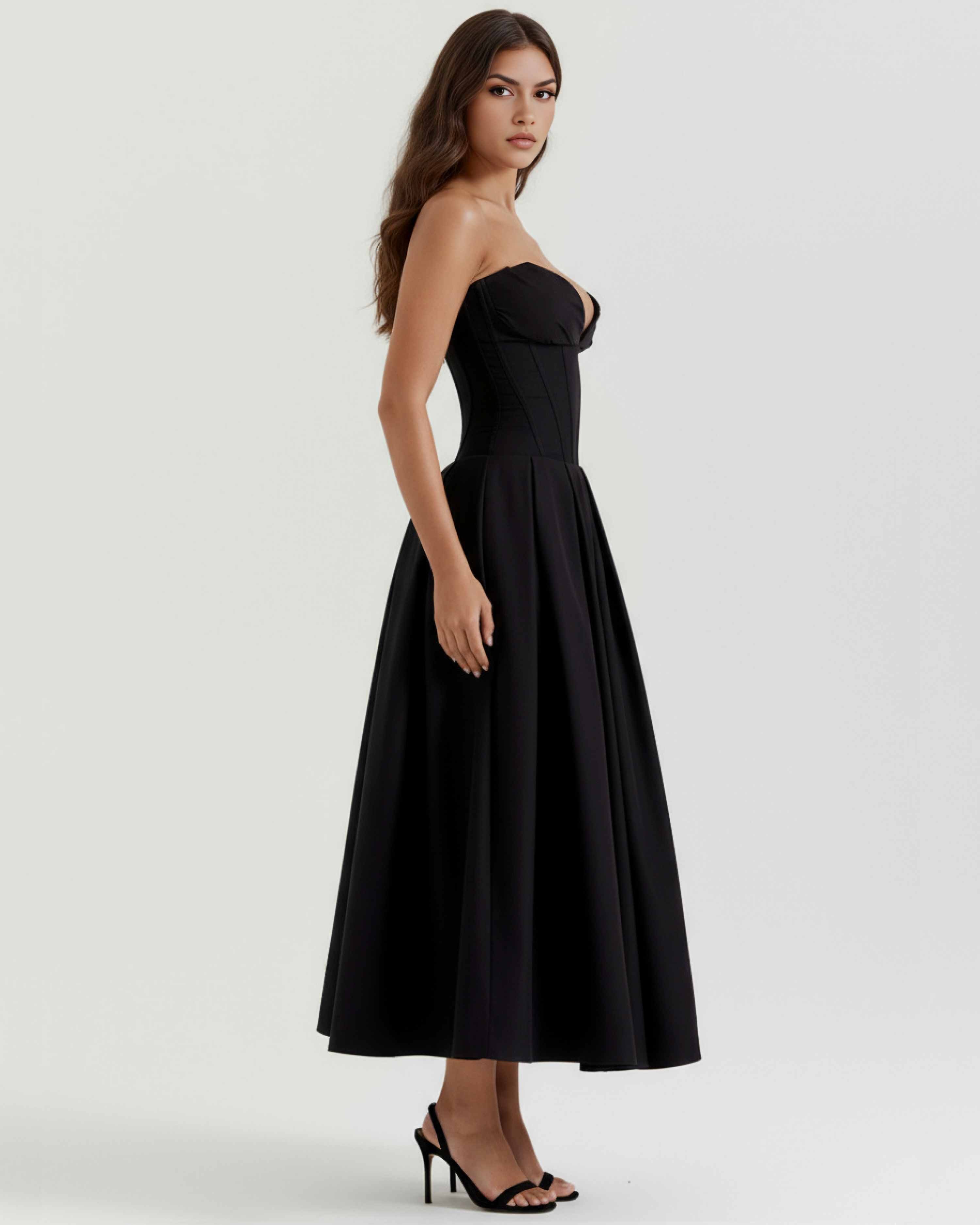ANDREA - VESTIDO MIDI NEGRO CON CORSÉ Y BOLSILLOS