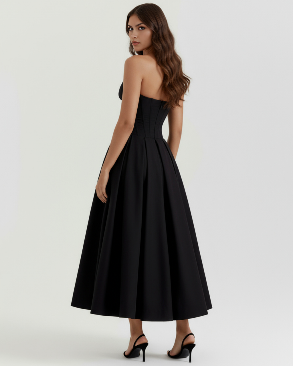 ANDREA - VESTIDO MIDI NEGRO CON CORSÉ Y BOLSILLOS