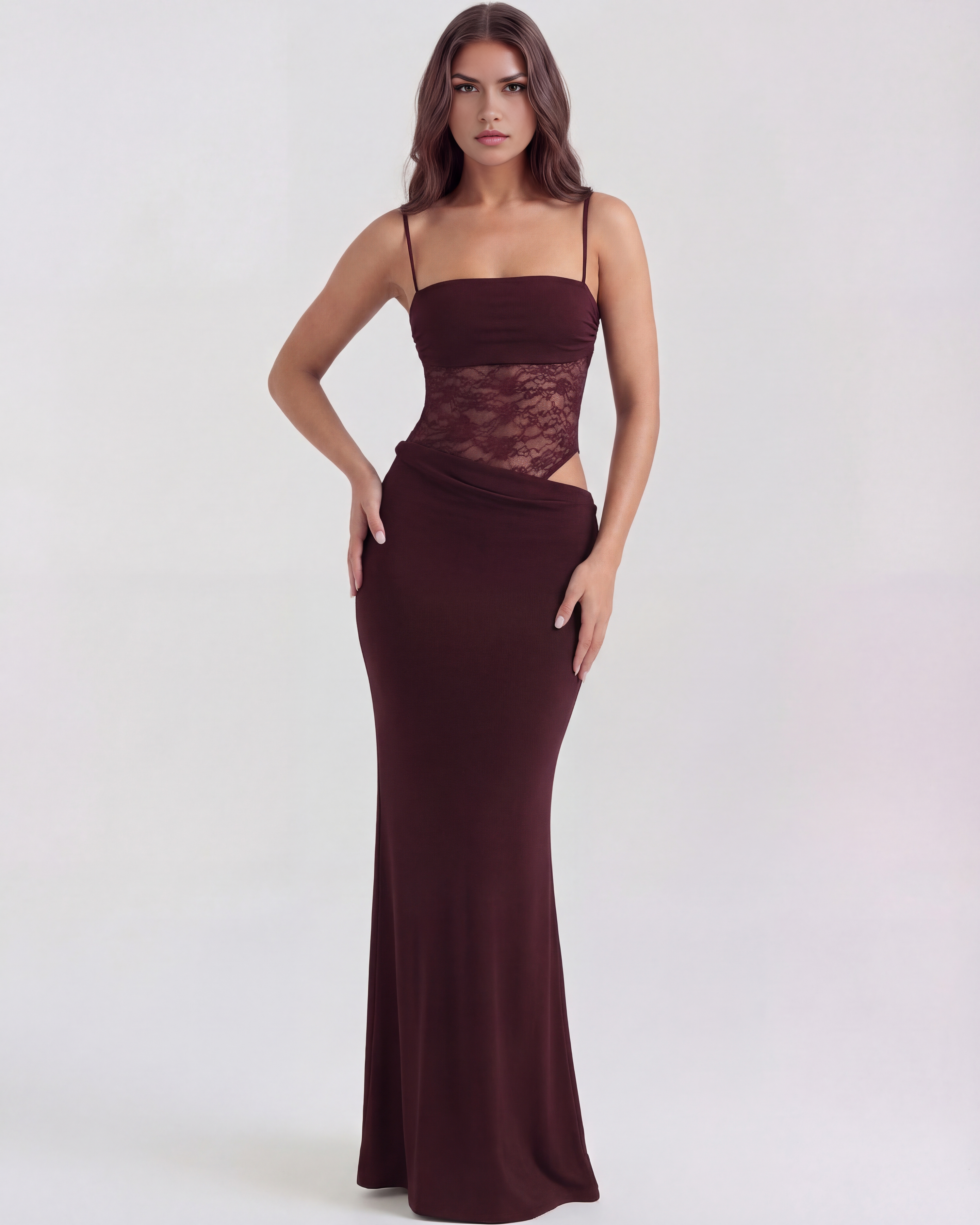 ARIADNA - VESTIDO MAXI ENCAJE CON CALADOS BURDEOS