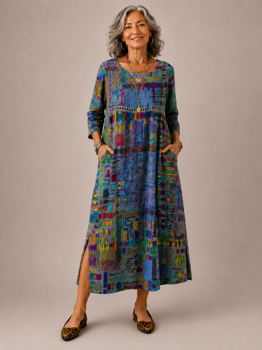Manuela | Vestido Denim con Patchwork Étnico
