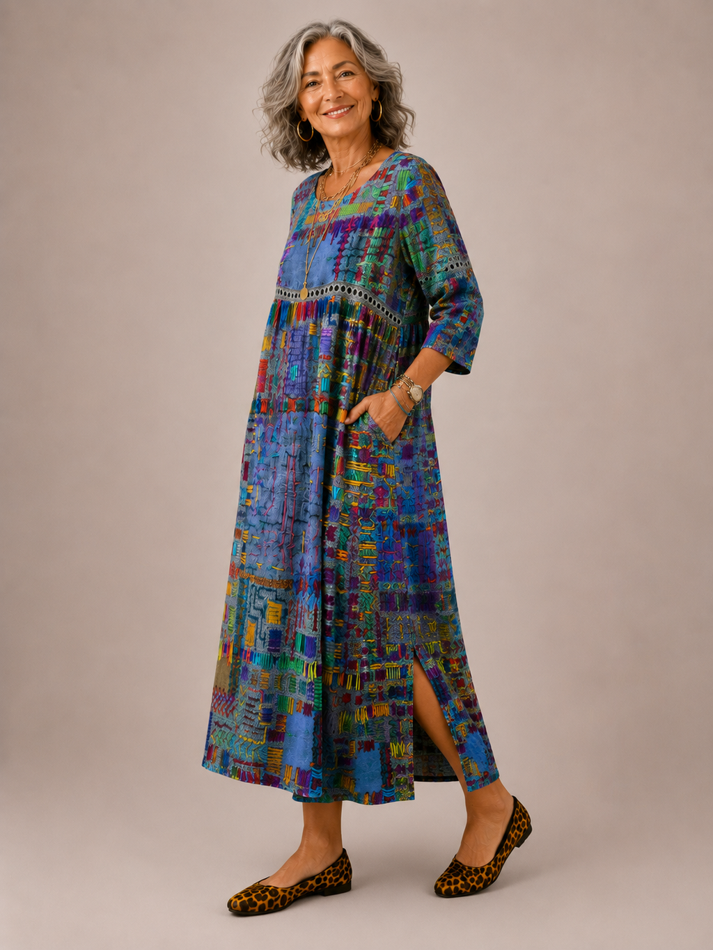 Manuela | Vestido Denim con Patchwork Étnico