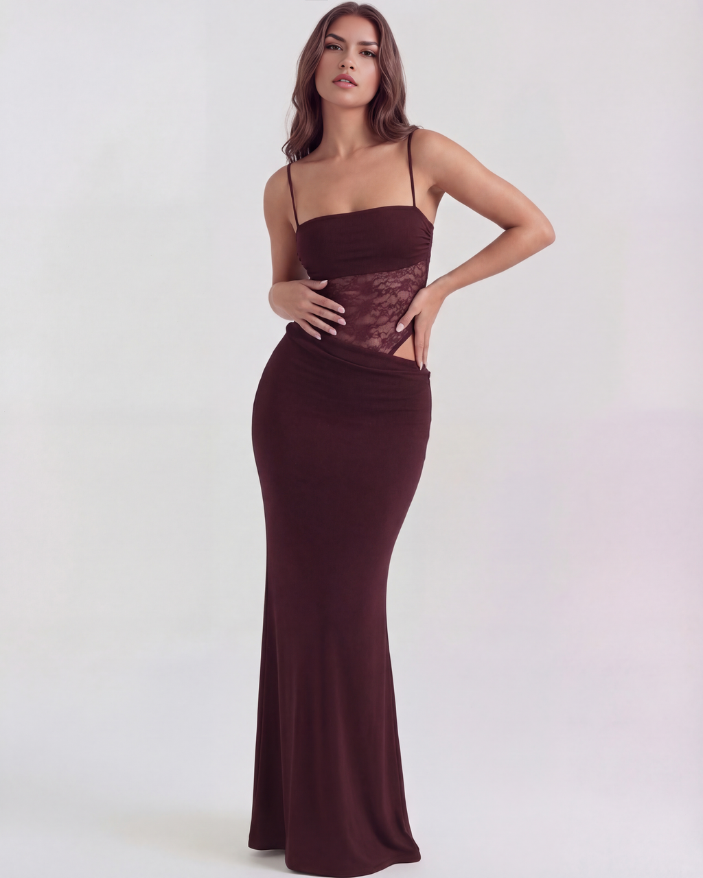 ARIADNA - VESTIDO MAXI ENCAJE CON CALADOS BURDEOS