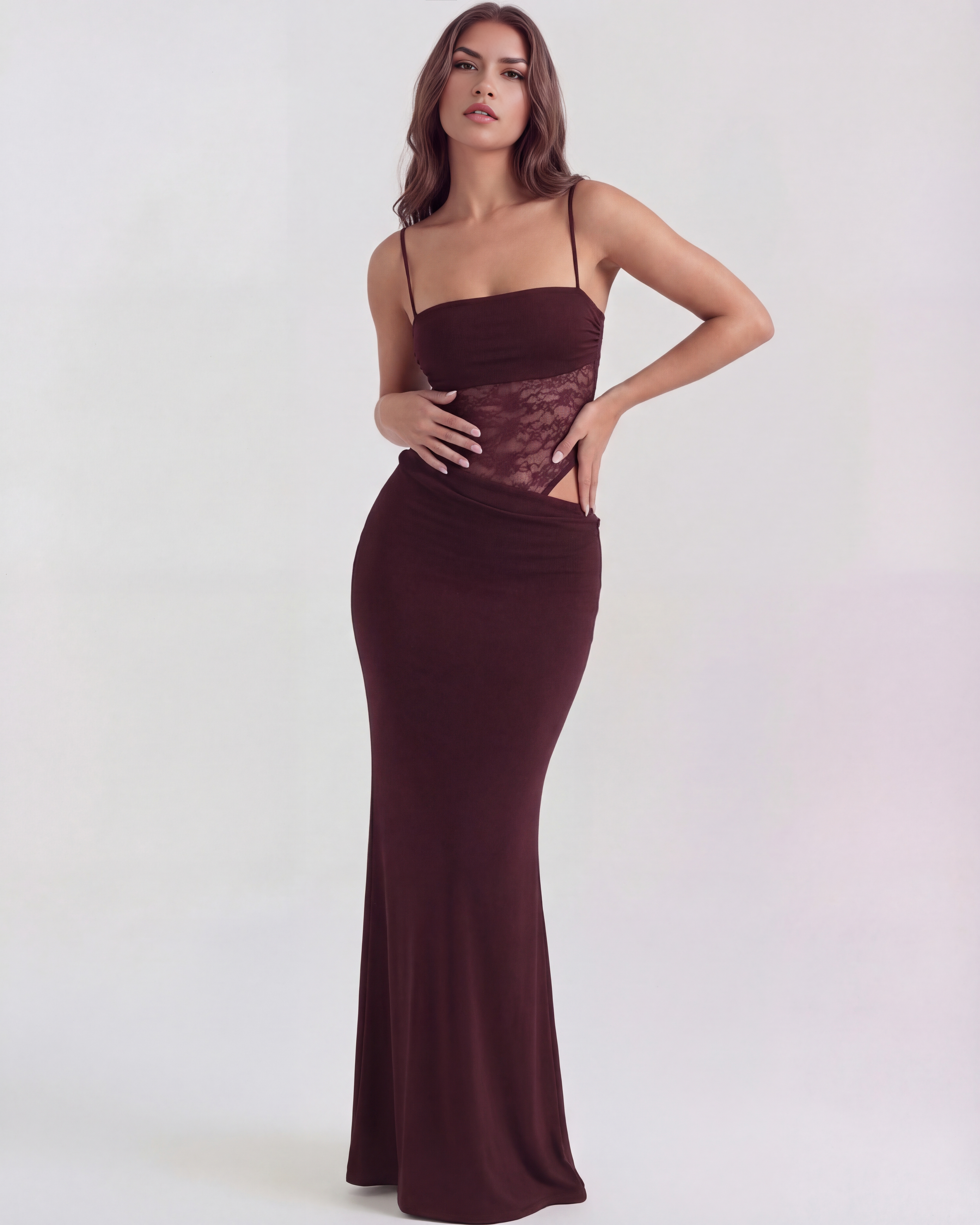 ARIADNA - VESTIDO MAXI ENCAJE CON CALADOS BURDEOS