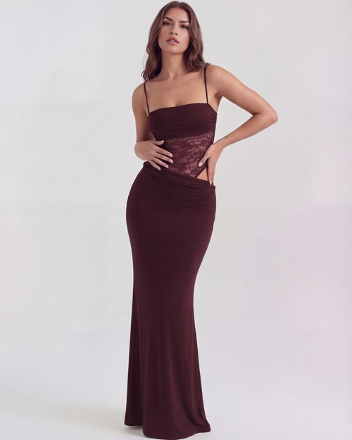 ARIADNA - VESTIDO MAXI ENCAJE CON CALADOS BURDEOS