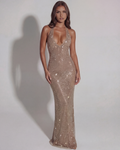 ÁUREA - VESTIDO MAXI DORADO CON PEDRERÍA Y ESCOTE HALTER