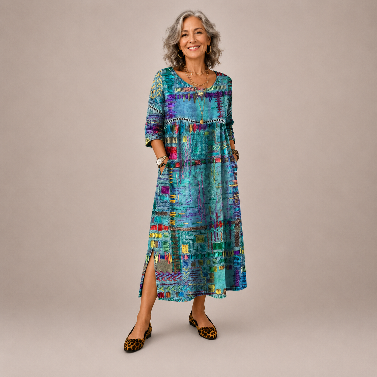 Manuela | Vestido Denim con Patchwork Étnico