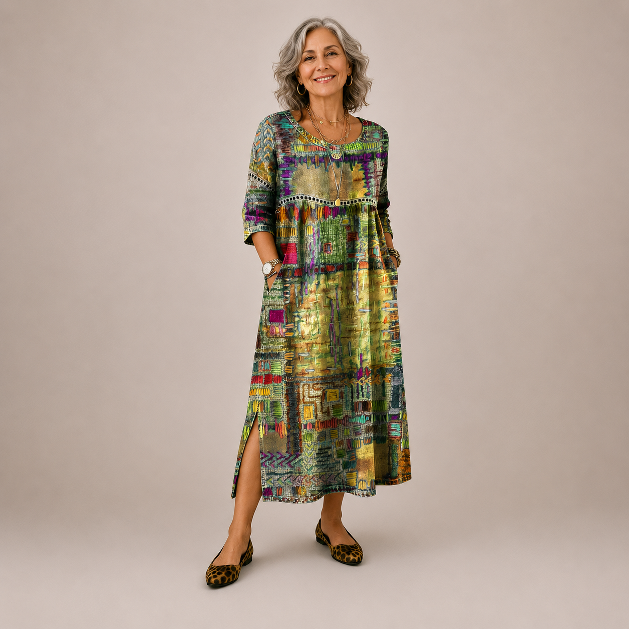 Manuela | Vestido Denim con Patchwork Étnico