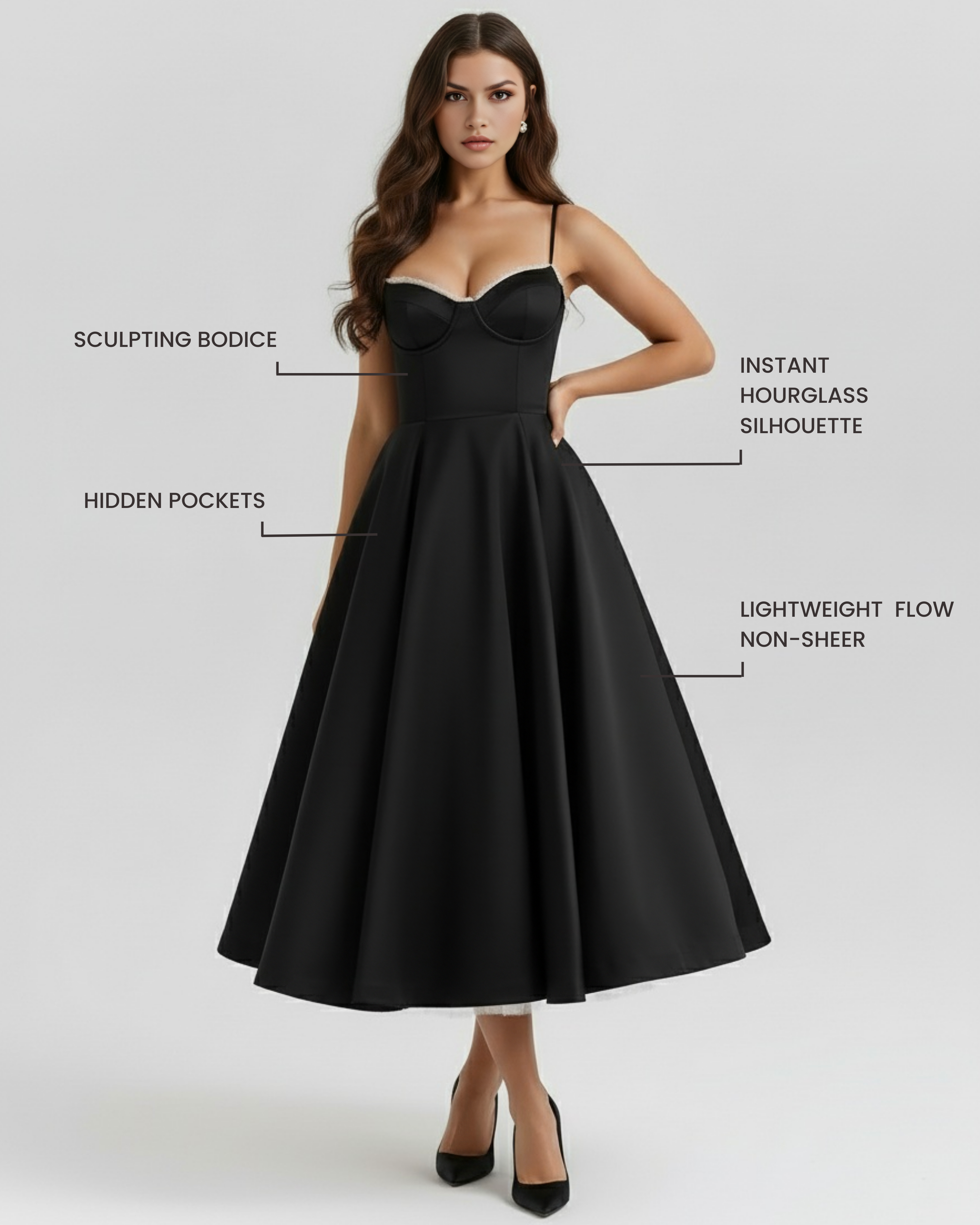 ADRIANA - VESTIDO MIDI NEGRO CON CAPAS DE TUL Y BOLSILLOS