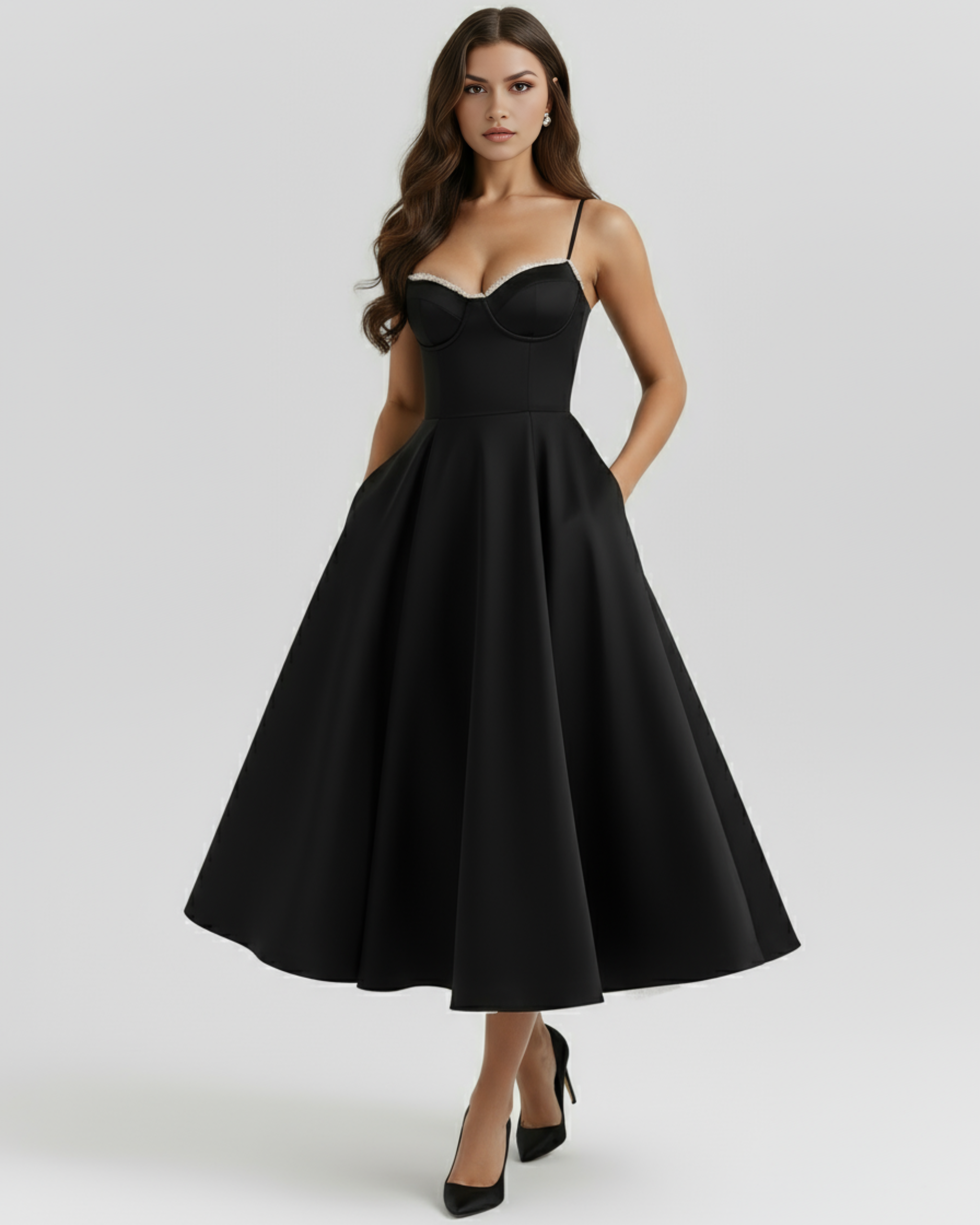 ADRIANA - VESTIDO MIDI NEGRO CON CAPAS DE TUL Y BOLSILLOS