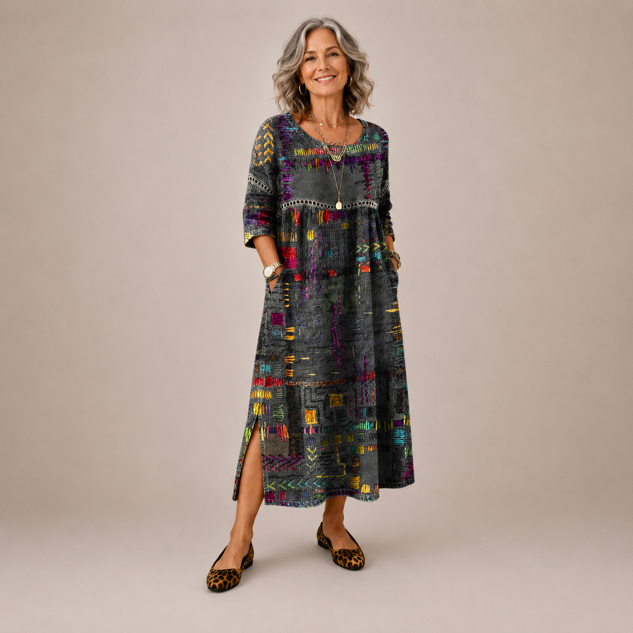 Manuela | Vestido Denim con Patchwork Étnico