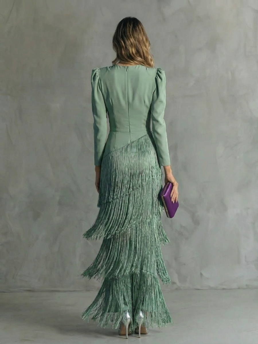 ALESSIA - ELEGANTE VESTIDO MIDI CON MANGAS DE FLECOS