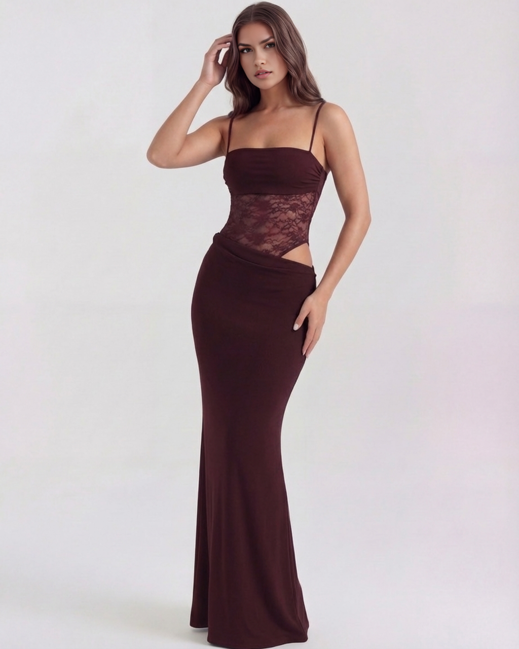 ARIADNA - VESTIDO MAXI ENCAJE CON CALADOS BURDEOS