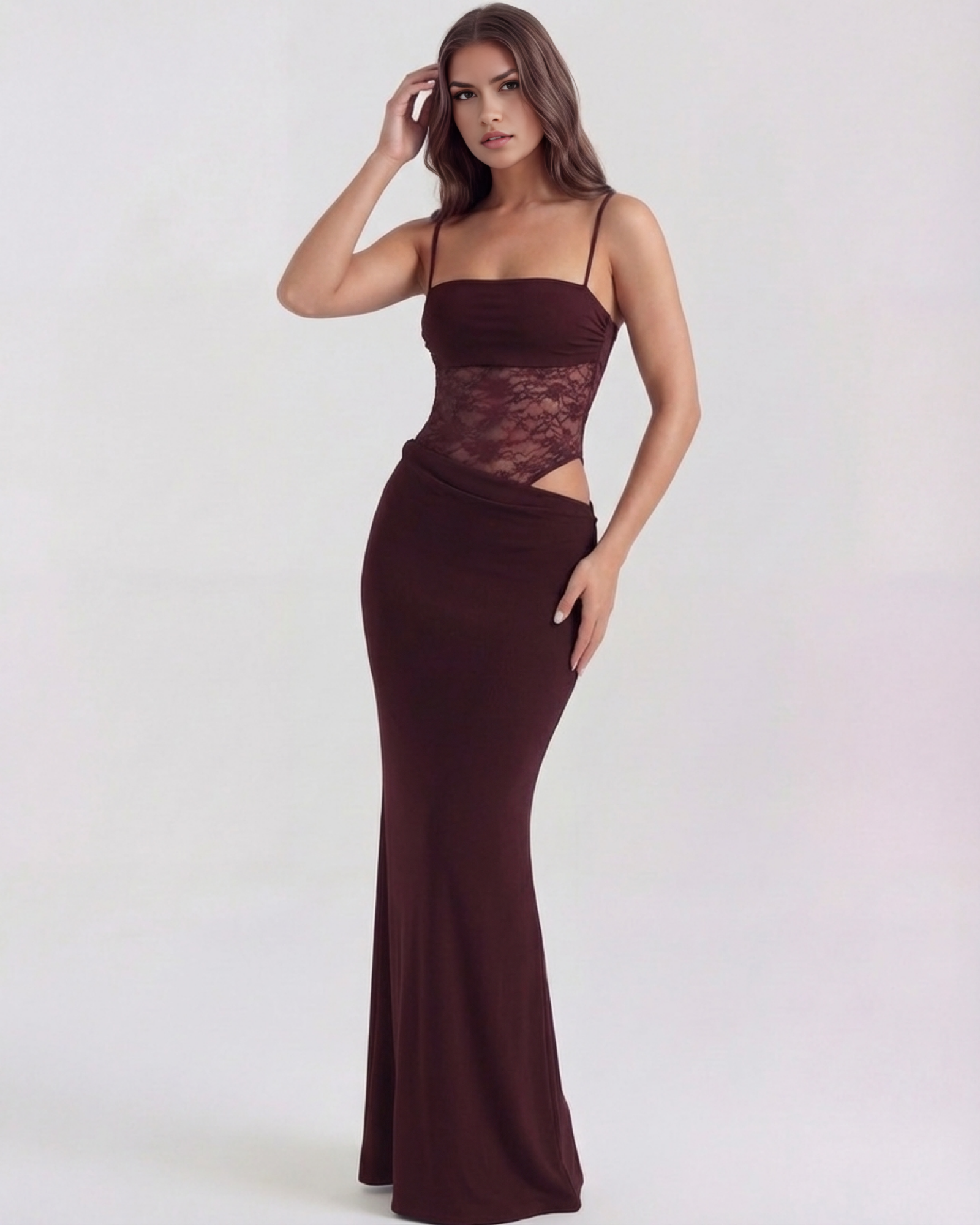 ARIADNA - VESTIDO MAXI ENCAJE CON CALADOS BURDEOS