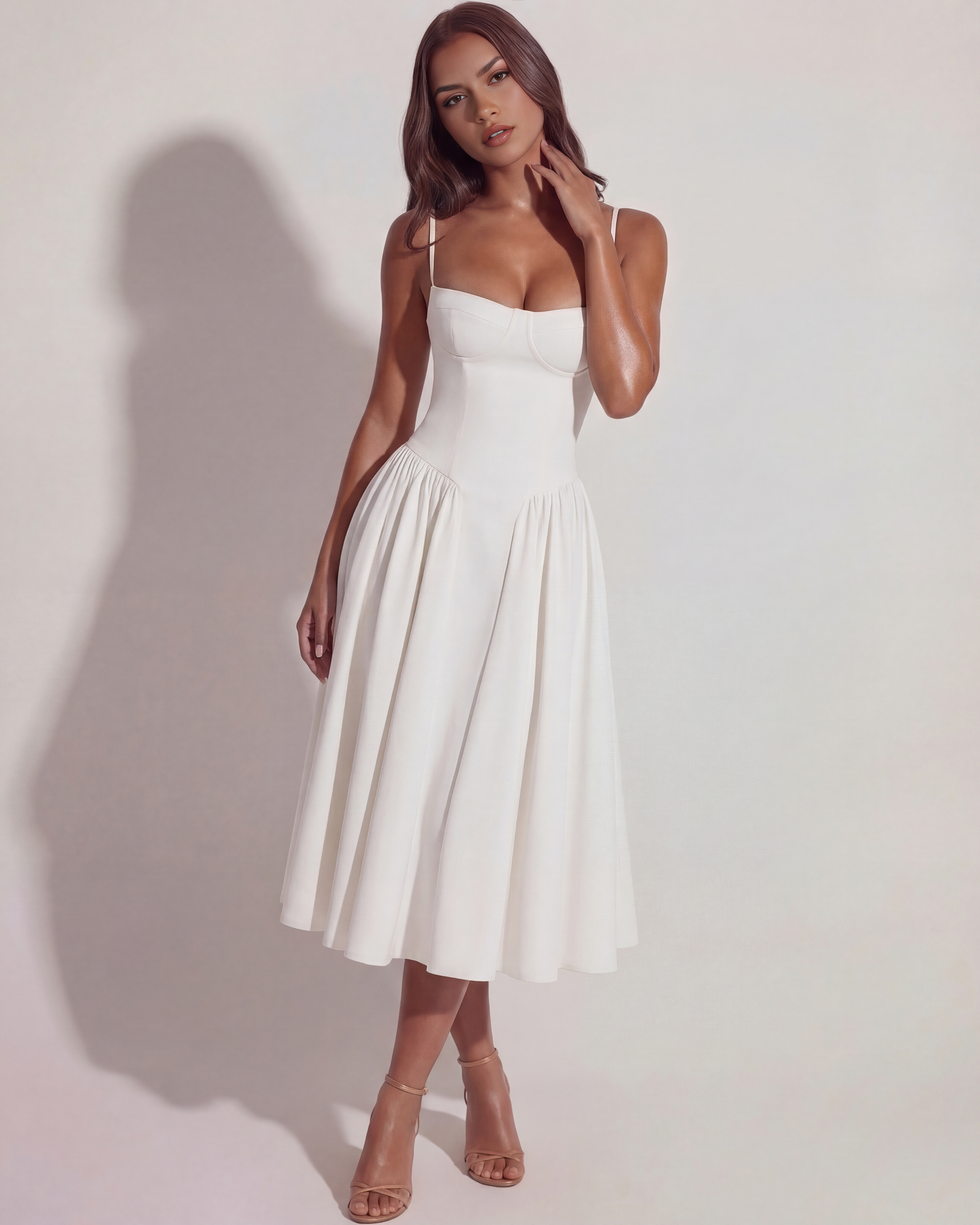 ALEJANDRA - VESTIDO MIDI ESCOTE CORAZÓN CON BOLSILLOS BLANCO