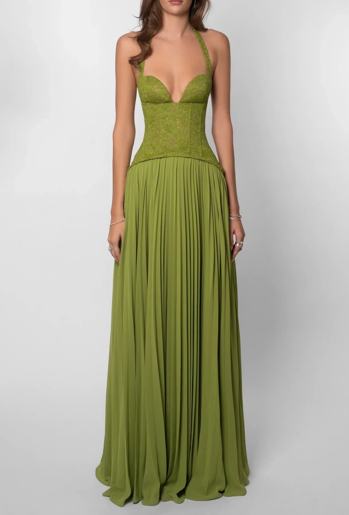 ALBA - VESTIDO VERDE OLIVA CON CORSE TEXTURIZADO