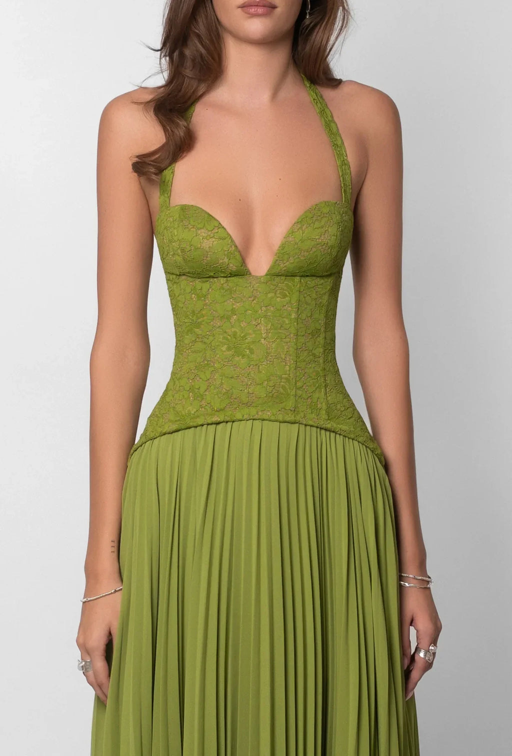 ALBA - VESTIDO VERDE OLIVA CON CORSE TEXTURIZADO